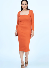 Model wearing the 'Finch' Bodycon Midi Dress, a fitted long-sleeve midi dress with a square neckline. Elegant and versatile sewing pattern by Winslet's Patterns.