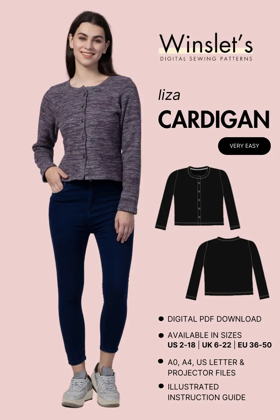 Cardigan Sewing Pattern 'Liza' from Winslet's, beginner-friendly with a classic round neckline and button-up front. Available in sizes US 2-18, UK 6-22, EU 36-50 with A0, A4, Letter, and projector files.