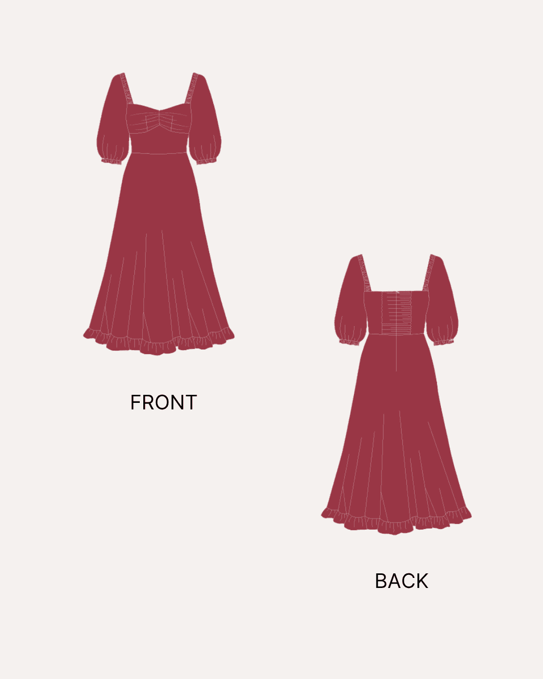 Dress front and back illustration for sewing pattern