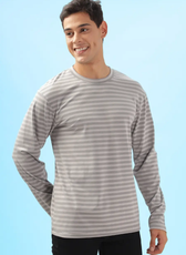 Smiling model wearing a striped men's long sleeve T-shirt sewn using the 'Maddy' pattern. Comfortable fit with a straight hem and full-length sleeves.