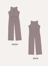 Front and back illustration of women's jumpsuit sewing pattern with wide-leg silhouette