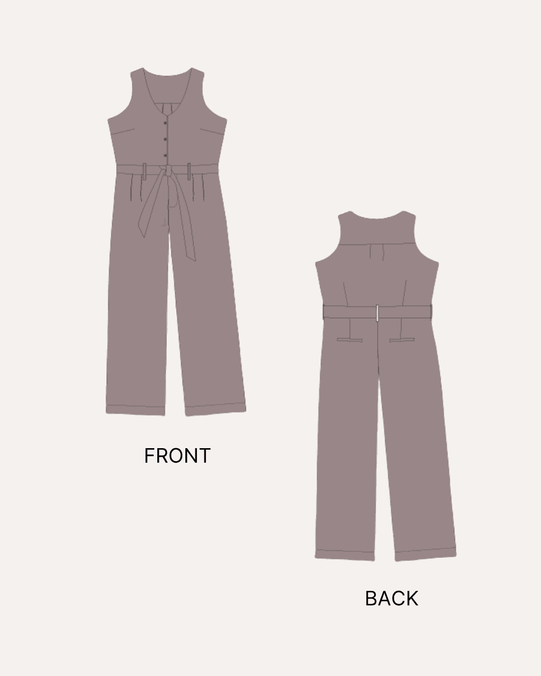 Front and back illustration of women's jumpsuit sewing pattern with wide-leg silhouette