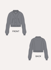 Illustration of women's bomber jacket 'Raya' with front and back views, showing ribbed collar, cuffs, waistband, and fitted silhouette