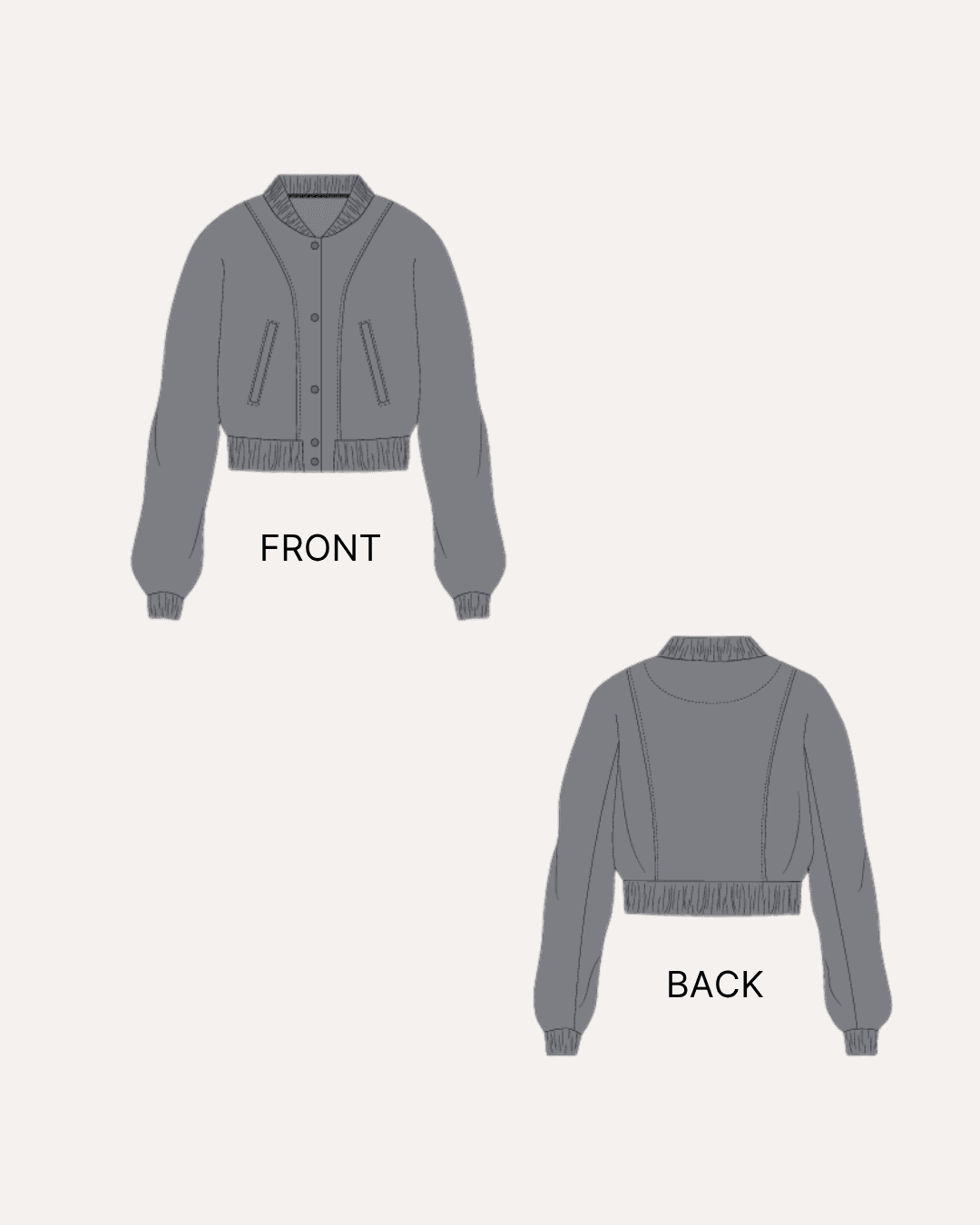 Illustration of women's bomber jacket 'Raya' with front and back views, showing ribbed collar, cuffs, waistband, and fitted silhouette