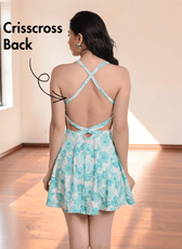 Back view of swim dress with crisscross back design