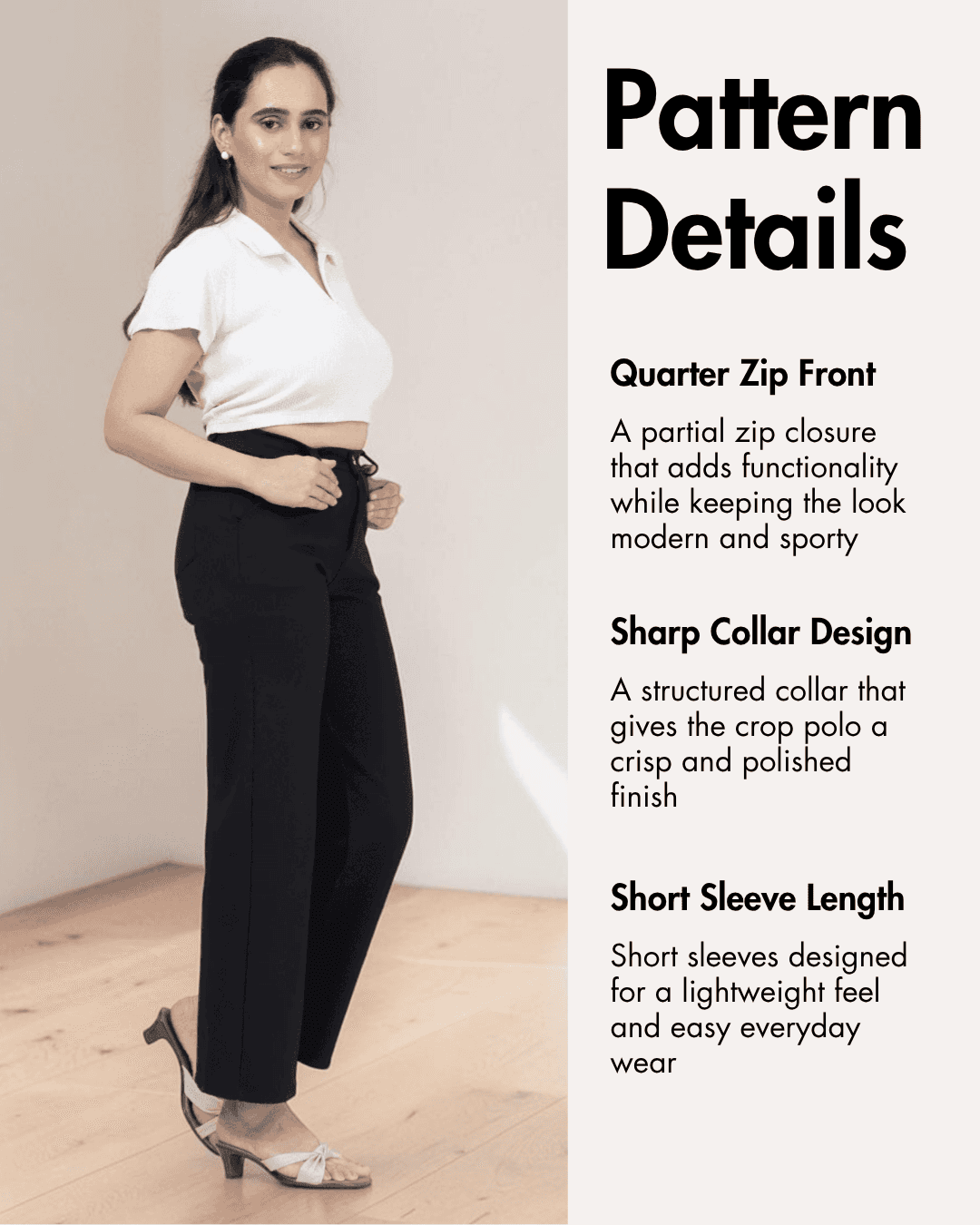 Women's crop polo shirt sewing pattern 'Echo' with sharp collar and quarter zip