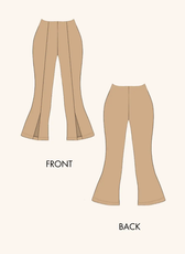 Technical illustration of 'Ariel' flared pants sewing pattern, showing front and back views. Digital download includes multiple size options and formats.