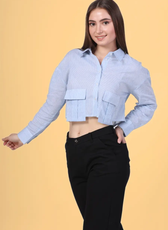 Close-up of the Juniper Utility Shirt, showcasing its structured front pockets and relaxed fit. A versatile sewing pattern for a modern cropped shirt design.