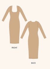 Technical illustration of the 'Finch' Bodycon Midi Dress sewing pattern, showing front and back views. Includes long sleeves and a square neckline for a stylish look.