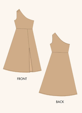 Technical illustration of the one-shoulder dress sewing pattern, showing front and back views. Includes a thigh-high slit for a stylish look.
