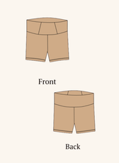 Technical illustration of the 'Nadia' biker shorts sewing pattern. Shows front and back views of the design for easy sewing reference.