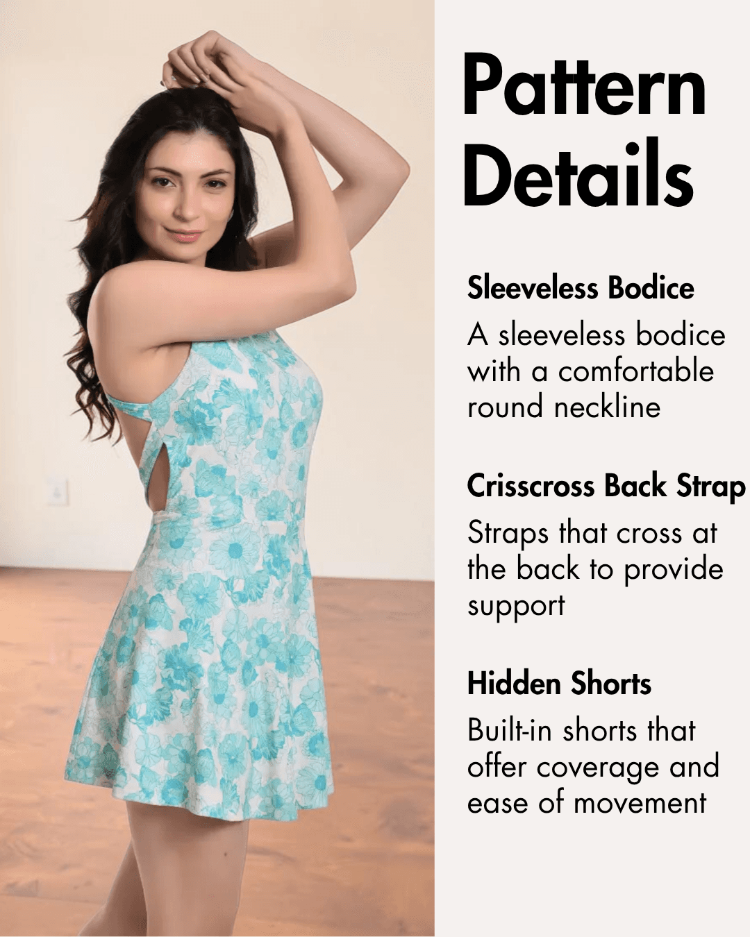 Model wearing blue floral sleeveless swim dress with crisscross back
