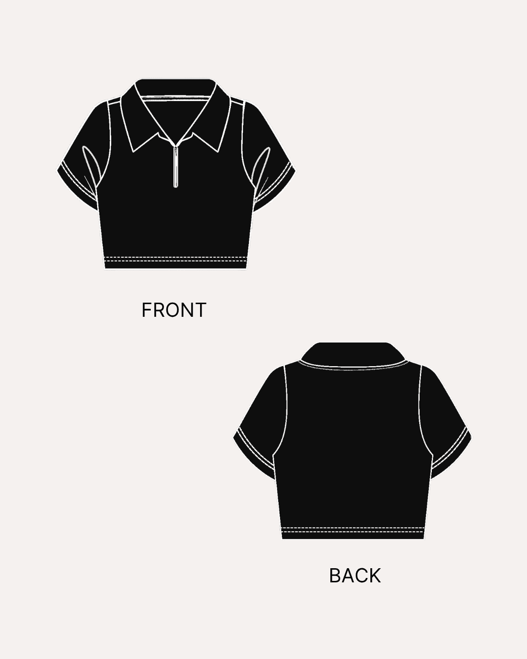 Front view of black crop polo shirt sewing pattern with sharp collar and short sleeves