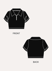 Front view of black crop polo shirt sewing pattern with sharp collar and short sleeves