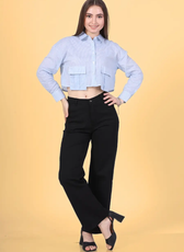 Model wearing the Juniper Utility Shirt, a cropped button-down with structured front pockets. A stylish and functional sewing pattern available in multiple sizes.