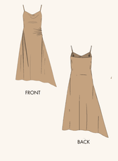 Technical illustration of Aurora Cowl Neck Maxi Dress Pattern showing front and back views. Digital sewing pattern for DIY fashion enthusiasts.