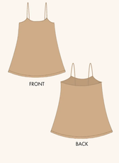 Technical illustration of the 'Oriole' party mini dress sewing pattern, displaying front and back views for easy reference.