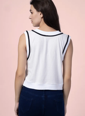Back view of the 'Nadine' sweater vest, displaying the contrast trim and ribbed hem. A modern and easy-to-sew pattern for fashion lovers.