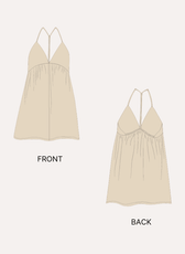 Front and back illustration of yellow halter beach dress with plunging V-neckline, gathered empire waist