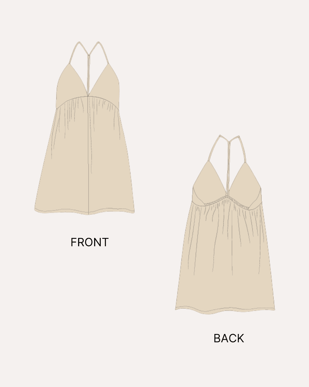 Front and back illustration of yellow halter beach dress with plunging V-neckline, gathered empire waist