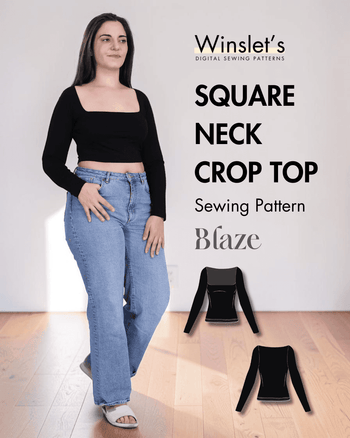 Black square neck crop top with long sleeves on woman