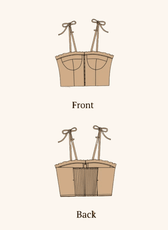 Technical illustration of the Piper bustier top sewing pattern, showing front and back views with tie straps and smocked detail.