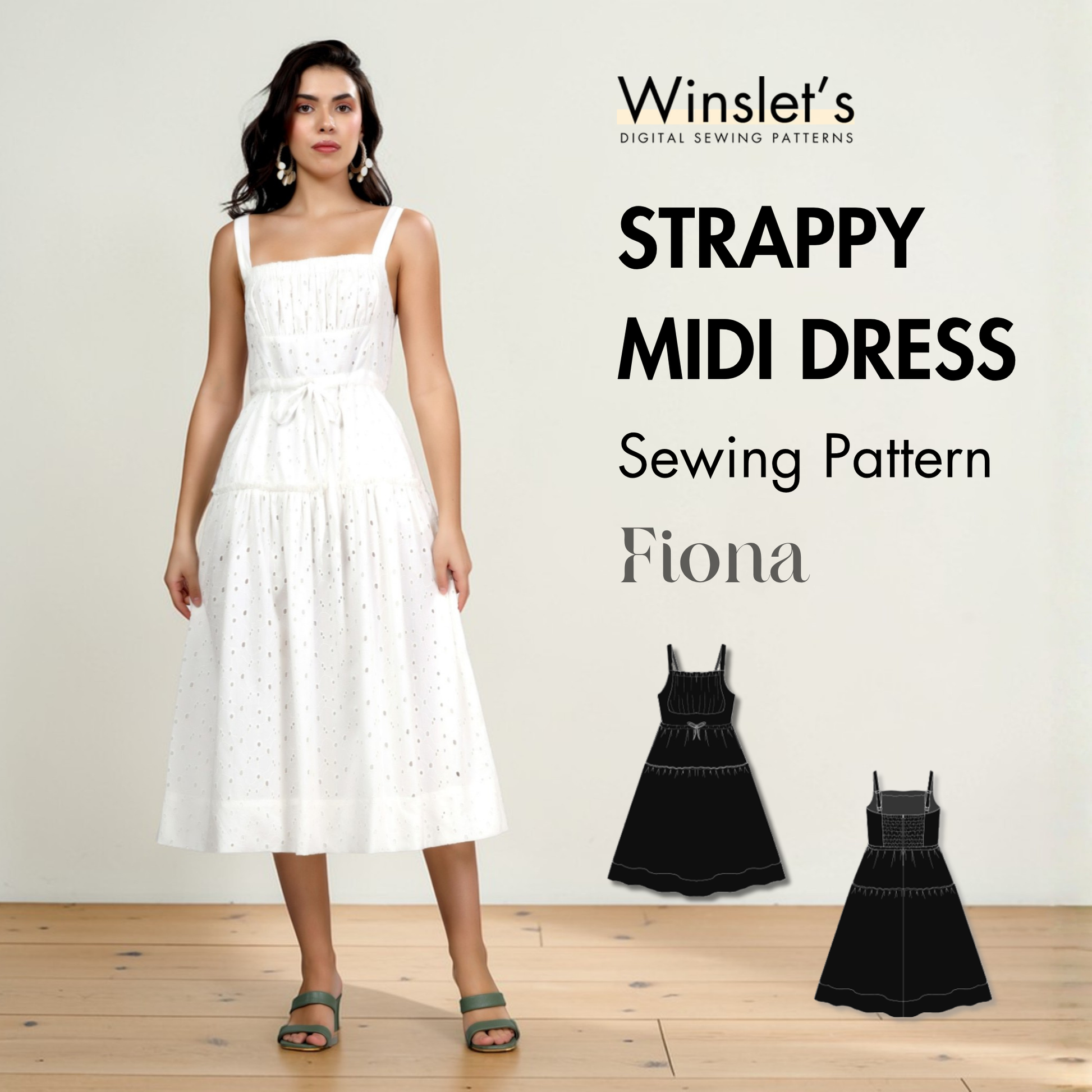 White midi sundress with square neckline and adjustable shoulder straps