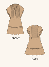 Technical illustration of the Flutter Sleeves Dress Pattern, showing front and back views with pleated details and a flared hem.