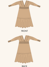 Technical illustration of the Daisy Maxi Dress Sewing Pattern showing front and back views with design details like ruffles and shirring.