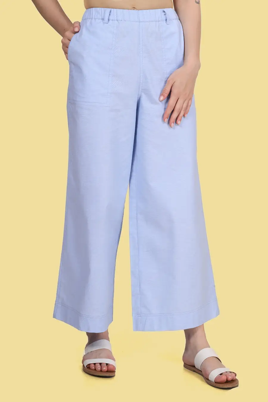 Light blue wide leg pants made using the Ella sewing pattern. Features an elastic waistband and relaxed fit for effortless style and comfort.