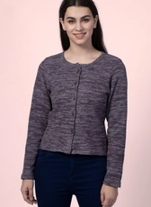 Close-up of the 'Liza' cardigan, showcasing its round neckline and button-up front. A great sewing pattern for crafting a cozy and elegant wardrobe essential.