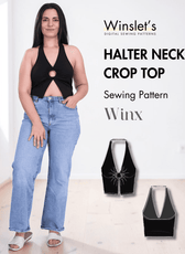 Black halter neck crop top sewing pattern with keyhole detail