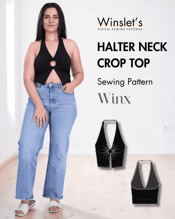 Black halter neck crop top sewing pattern with keyhole detail