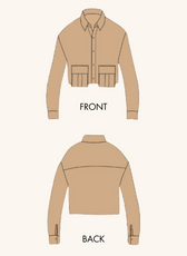 Technical illustration of the Juniper Utility Shirt sewing pattern, showing front and back views. A structured cropped shirt with functional pocket details.
