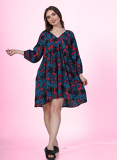Image of a model wearing a V-neck dress highlighting the flowing lantern sleeves and V-neckline