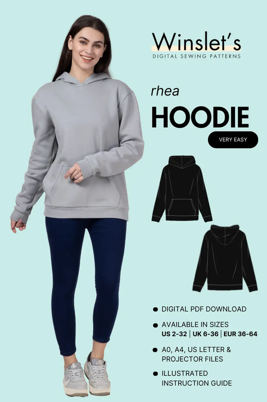 Women's Hoodie Sewing Pattern 'Rhea' from Winslet's, beginner-friendly digital PDF pattern. Includes sizes US 2-32, UK 6-36, EU 36-64 with A0, A4, Letter, and projector files.