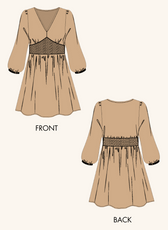 Technical illustration of the Donna Shirred Dress pattern. Shows front and back views with a smocked bodice, long sleeves, and a flared skirt.