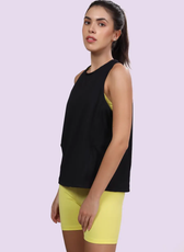 Side view of a black sleeveless tank top made using the 'Tracy' sewing pattern. Relaxed fit, high neckline, perfect for workouts or casual wear.