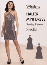 Women's sequin halter mini dress with backless design, perfect for party wear, sewing pattern