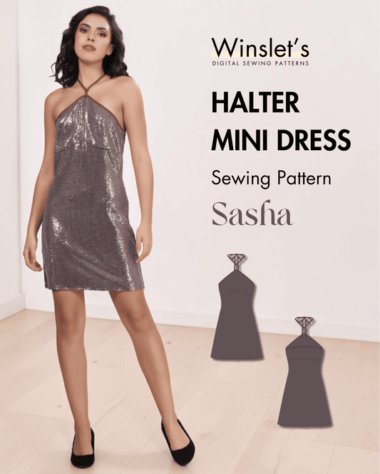 Women's sequin halter mini dress with backless design, perfect for party wear, sewing pattern