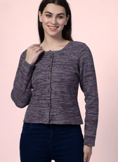 Model gently touching the 'Liza' cardigan, highlighting its soft fabric and flattering fit. A must-have sewing pattern for DIY fashion enthusiasts.
