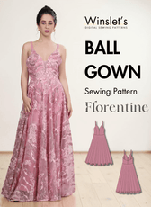 Pink floral lace evening gown with plunging neckline, delicate straps, flowing gathered skirt, low scoop back, concealed zipper