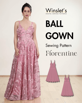 Pink floral lace evening gown with plunging neckline, delicate straps, flowing gathered skirt, low scoop back, concealed zipper
