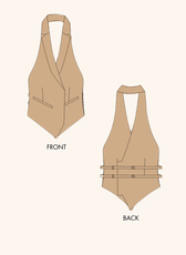 Technical illustration of the halter neck vest sewing pattern, showing front and back views. The design includes a sharp collar, fitted waist, and adjustable back straps.