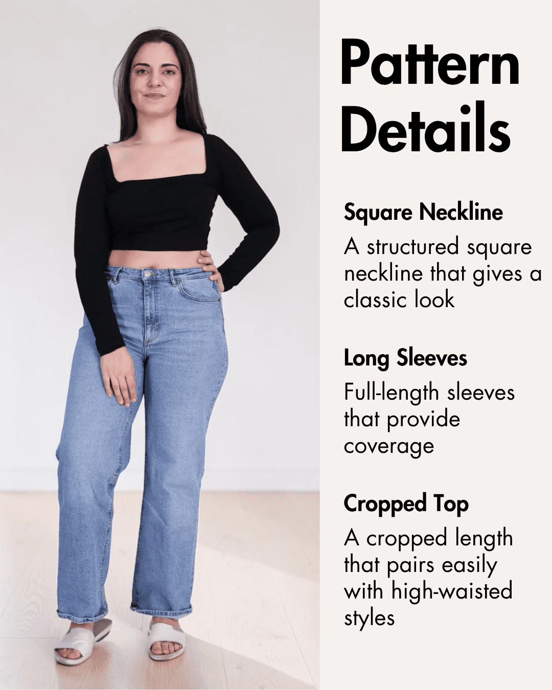 Close-up of pattern details for square neck crop top sewing pattern