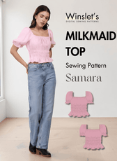 Pink puff sleeve cottagecore sewing pattern top with square neckline and ruffled hem