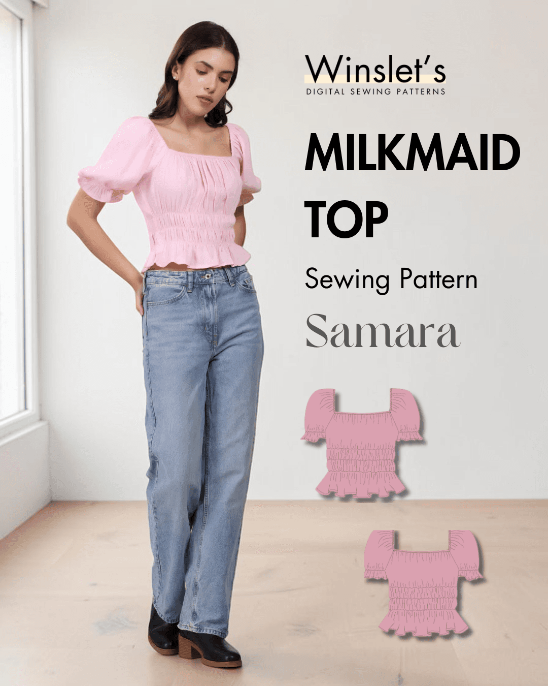 Pink puff sleeve cottagecore sewing pattern top with square neckline and ruffled hem