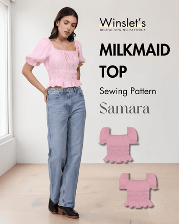 Pink puff sleeve cottagecore sewing pattern top with square neckline and ruffled hem