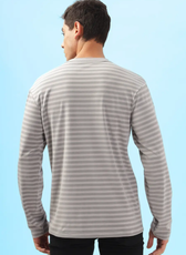 Back view of a men's long sleeve T-shirt made using the 'Maddy' sewing pattern. Features a straight hem and clean-finished edges.