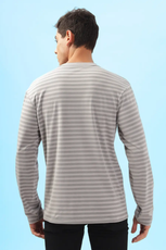 Back view of a men's long sleeve T-shirt made using the 'Maddy' sewing pattern. Features a straight hem and clean-finished edges.